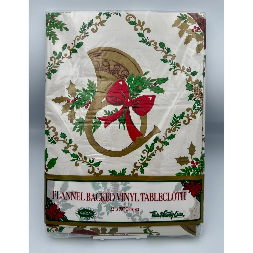 VTG Town & Country Christmas Vinyl Tablecloth 52x90 Oblong Horn Holly Bow NOS